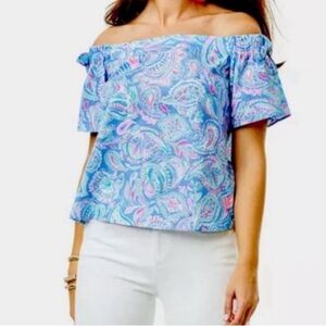 Lilly Pulitzer Tamar Off the Shoulder Top Zanzibar Blue Fish Kiss